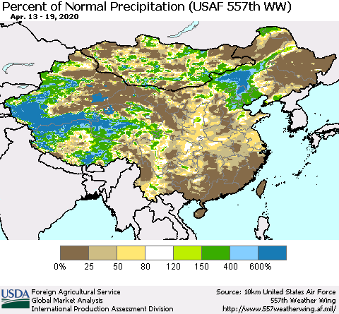 China, Mongolia and Taiwan Percent of Normal Precipitation (USAF 557th WW) Thematic Map For 4/13/2020 - 4/19/2020
