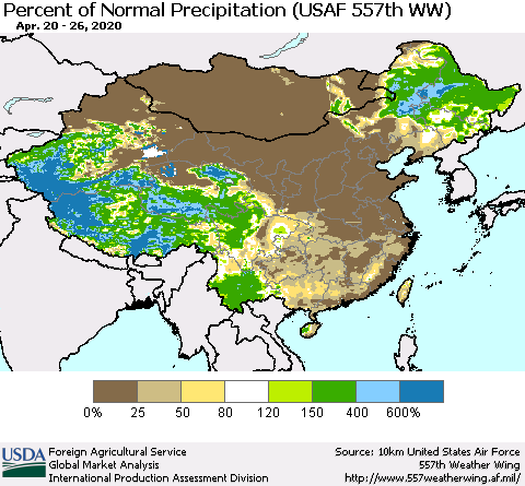 China, Mongolia and Taiwan Percent of Normal Precipitation (USAF 557th WW) Thematic Map For 4/20/2020 - 4/26/2020