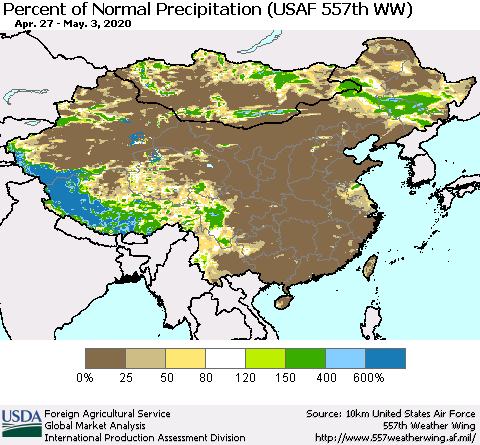 China, Mongolia and Taiwan Percent of Normal Precipitation (USAF 557th WW) Thematic Map For 4/27/2020 - 5/3/2020