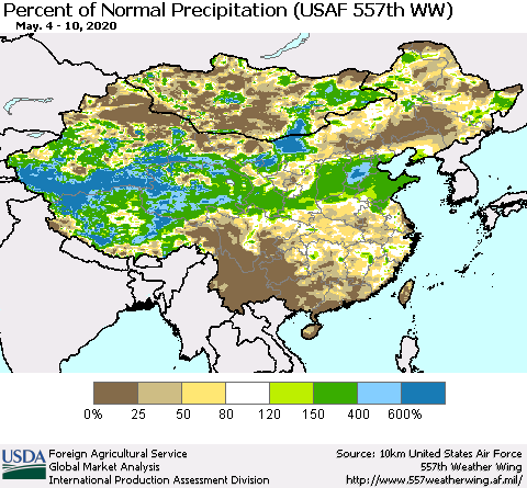 China, Mongolia and Taiwan Percent of Normal Precipitation (USAF 557th WW) Thematic Map For 5/4/2020 - 5/10/2020