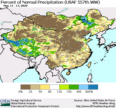 China, Mongolia and Taiwan Percent of Normal Precipitation (USAF 557th WW) Thematic Map For 5/11/2020 - 5/17/2020