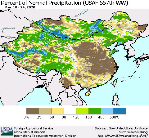 China, Mongolia and Taiwan Percent of Normal Precipitation (USAF 557th WW) Thematic Map For 5/18/2020 - 5/24/2020