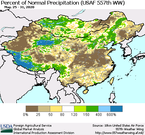 China, Mongolia and Taiwan Percent of Normal Precipitation (USAF 557th WW) Thematic Map For 5/25/2020 - 5/31/2020