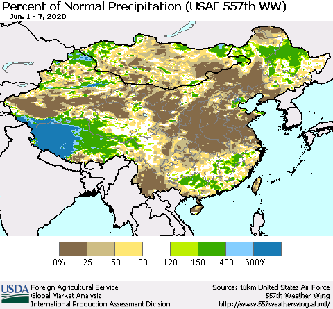China, Mongolia and Taiwan Percent of Normal Precipitation (USAF 557th WW) Thematic Map For 6/1/2020 - 6/7/2020