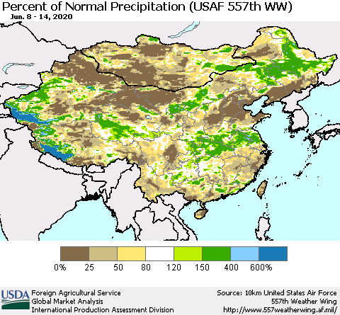 China, Mongolia and Taiwan Percent of Normal Precipitation (USAF 557th WW) Thematic Map For 6/8/2020 - 6/14/2020