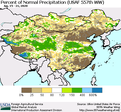 China, Mongolia and Taiwan Percent of Normal Precipitation (USAF 557th WW) Thematic Map For 6/15/2020 - 6/21/2020