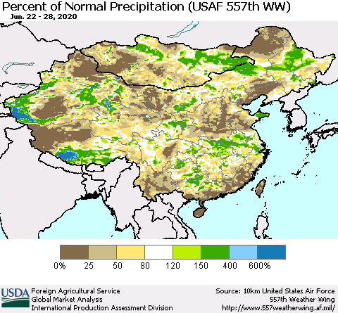 China, Mongolia and Taiwan Percent of Normal Precipitation (USAF 557th WW) Thematic Map For 6/22/2020 - 6/28/2020