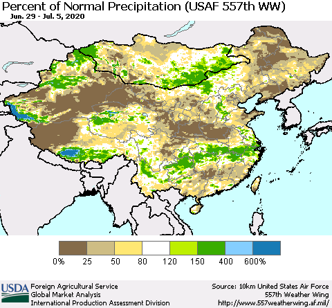 China, Mongolia and Taiwan Percent of Normal Precipitation (USAF 557th WW) Thematic Map For 6/29/2020 - 7/5/2020