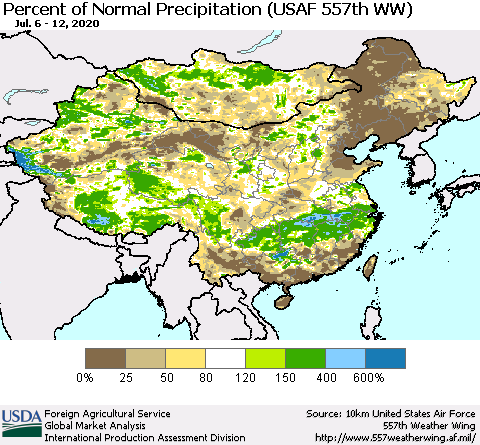 China, Mongolia and Taiwan Percent of Normal Precipitation (USAF 557th WW) Thematic Map For 7/6/2020 - 7/12/2020