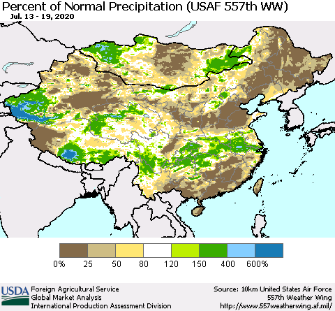 China, Mongolia and Taiwan Percent of Normal Precipitation (USAF 557th WW) Thematic Map For 7/13/2020 - 7/19/2020