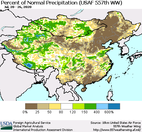 China, Mongolia and Taiwan Percent of Normal Precipitation (USAF 557th WW) Thematic Map For 7/20/2020 - 7/26/2020