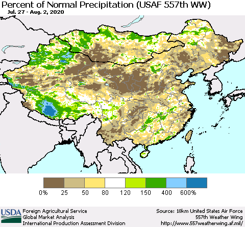 China, Mongolia and Taiwan Percent of Normal Precipitation (USAF 557th WW) Thematic Map For 7/27/2020 - 8/2/2020