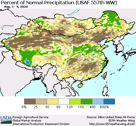 China, Mongolia and Taiwan Percent of Normal Precipitation (USAF 557th WW) Thematic Map For 8/3/2020 - 8/9/2020