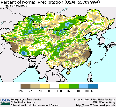 China, Mongolia and Taiwan Percent of Normal Precipitation (USAF 557th WW) Thematic Map For 8/10/2020 - 8/16/2020