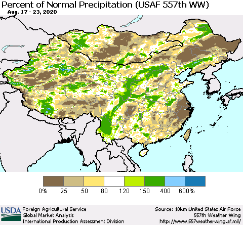 China, Mongolia and Taiwan Percent of Normal Precipitation (USAF 557th WW) Thematic Map For 8/17/2020 - 8/23/2020