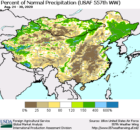 China, Mongolia and Taiwan Percent of Normal Precipitation (USAF 557th WW) Thematic Map For 8/24/2020 - 8/30/2020