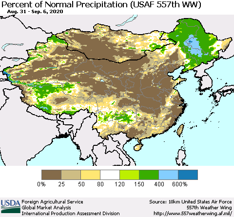 China, Mongolia and Taiwan Percent of Normal Precipitation (USAF 557th WW) Thematic Map For 8/31/2020 - 9/6/2020