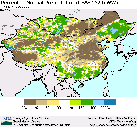 China, Mongolia and Taiwan Percent of Normal Precipitation (USAF 557th WW) Thematic Map For 9/7/2020 - 9/13/2020