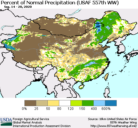 China, Mongolia and Taiwan Percent of Normal Precipitation (USAF 557th WW) Thematic Map For 9/14/2020 - 9/20/2020