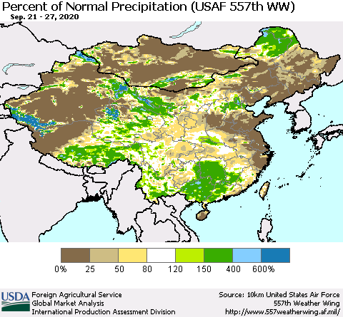 China, Mongolia and Taiwan Percent of Normal Precipitation (USAF 557th WW) Thematic Map For 9/21/2020 - 9/27/2020