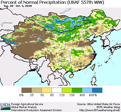 China, Mongolia and Taiwan Percent of Normal Precipitation (USAF 557th WW) Thematic Map For 9/28/2020 - 10/4/2020