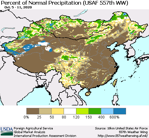 China, Mongolia and Taiwan Percent of Normal Precipitation (USAF 557th WW) Thematic Map For 10/5/2020 - 10/11/2020