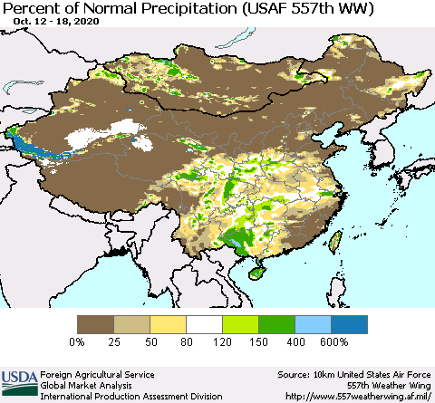 China, Mongolia and Taiwan Percent of Normal Precipitation (USAF 557th WW) Thematic Map For 10/12/2020 - 10/18/2020