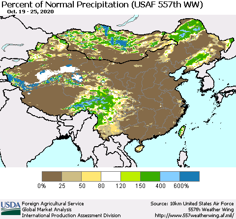 China, Mongolia and Taiwan Percent of Normal Precipitation (USAF 557th WW) Thematic Map For 10/19/2020 - 10/25/2020