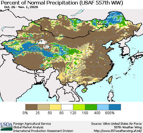 China, Mongolia and Taiwan Percent of Normal Precipitation (USAF 557th WW) Thematic Map For 10/26/2020 - 11/1/2020