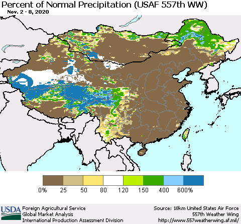 China, Mongolia and Taiwan Percent of Normal Precipitation (USAF 557th WW) Thematic Map For 11/2/2020 - 11/8/2020