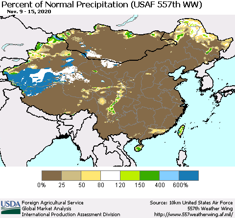 China, Mongolia and Taiwan Percent of Normal Precipitation (USAF 557th WW) Thematic Map For 11/9/2020 - 11/15/2020