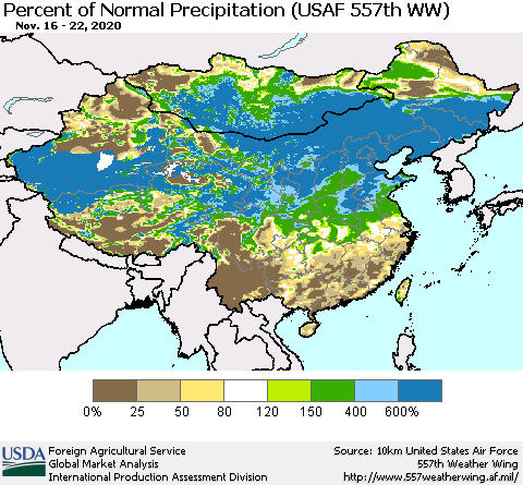 China, Mongolia and Taiwan Percent of Normal Precipitation (USAF 557th WW) Thematic Map For 11/16/2020 - 11/22/2020
