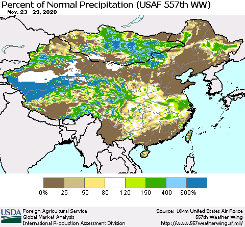 China, Mongolia and Taiwan Percent of Normal Precipitation (USAF 557th WW) Thematic Map For 11/23/2020 - 11/29/2020