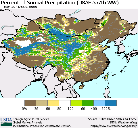 China, Mongolia and Taiwan Percent of Normal Precipitation (USAF 557th WW) Thematic Map For 11/30/2020 - 12/6/2020