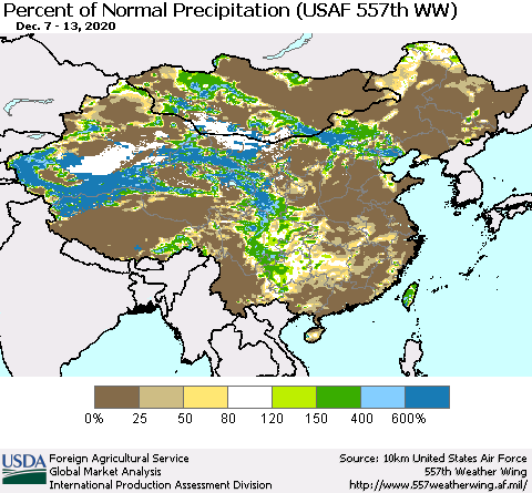 China, Mongolia and Taiwan Percent of Normal Precipitation (USAF 557th WW) Thematic Map For 12/7/2020 - 12/13/2020