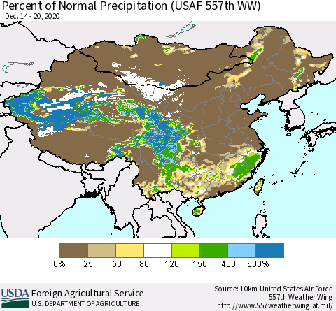 China, Mongolia and Taiwan Percent of Normal Precipitation (USAF 557th WW) Thematic Map For 12/14/2020 - 12/20/2020