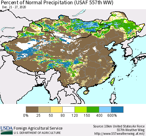 China, Mongolia and Taiwan Percent of Normal Precipitation (USAF 557th WW) Thematic Map For 12/21/2020 - 12/27/2020