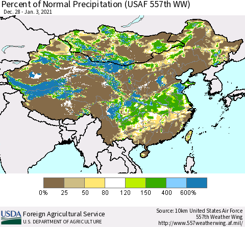 China, Mongolia and Taiwan Percent of Normal Precipitation (USAF 557th WW) Thematic Map For 12/28/2020 - 1/3/2021