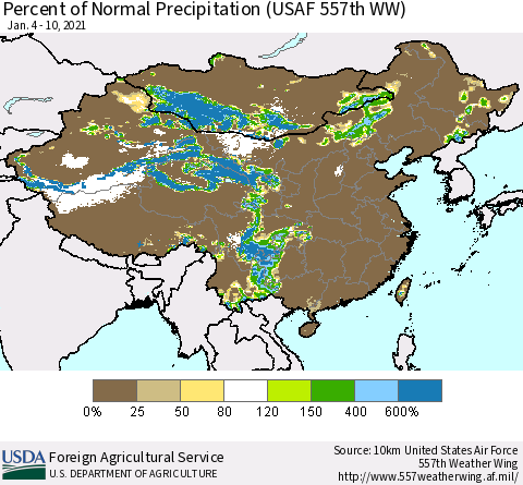 China, Mongolia and Taiwan Percent of Normal Precipitation (USAF 557th WW) Thematic Map For 1/4/2021 - 1/10/2021
