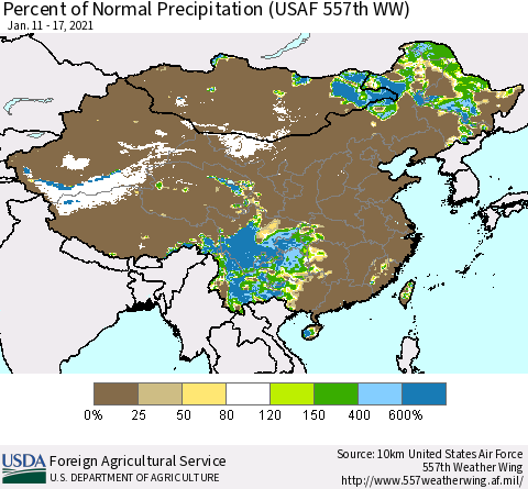 China, Mongolia and Taiwan Percent of Normal Precipitation (USAF 557th WW) Thematic Map For 1/11/2021 - 1/17/2021