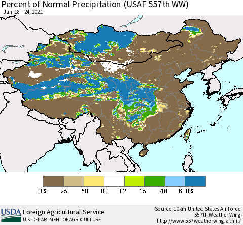 China, Mongolia and Taiwan Percent of Normal Precipitation (USAF 557th WW) Thematic Map For 1/18/2021 - 1/24/2021