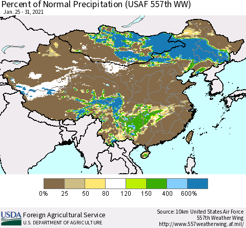 China, Mongolia and Taiwan Percent of Normal Precipitation (USAF 557th WW) Thematic Map For 1/25/2021 - 1/31/2021
