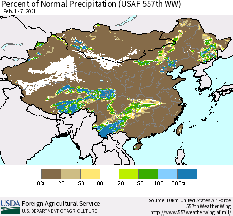 China, Mongolia and Taiwan Percent of Normal Precipitation (USAF 557th WW) Thematic Map For 2/1/2021 - 2/7/2021