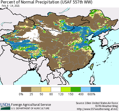 China, Mongolia and Taiwan Percent of Normal Precipitation (USAF 557th WW) Thematic Map For 2/8/2021 - 2/14/2021