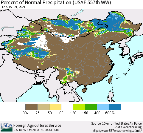 China, Mongolia and Taiwan Percent of Normal Precipitation (USAF 557th WW) Thematic Map For 2/15/2021 - 2/21/2021