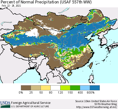 China, Mongolia and Taiwan Percent of Normal Precipitation (USAF 557th WW) Thematic Map For 2/22/2021 - 2/28/2021