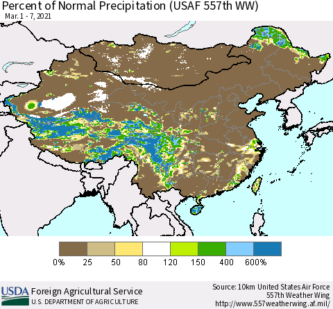 China, Mongolia and Taiwan Percent of Normal Precipitation (USAF 557th WW) Thematic Map For 3/1/2021 - 3/7/2021
