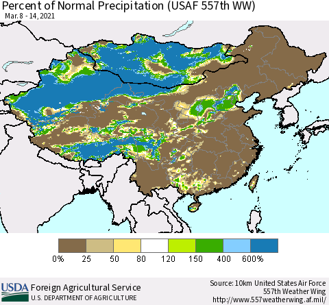 China, Mongolia and Taiwan Percent of Normal Precipitation (USAF 557th WW) Thematic Map For 3/8/2021 - 3/14/2021