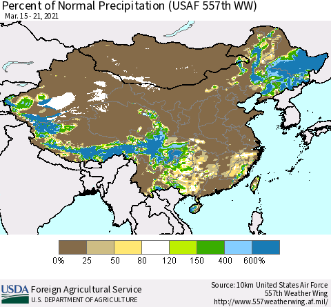 China, Mongolia and Taiwan Percent of Normal Precipitation (USAF 557th WW) Thematic Map For 3/15/2021 - 3/21/2021