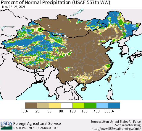 China, Mongolia and Taiwan Percent of Normal Precipitation (USAF 557th WW) Thematic Map For 3/22/2021 - 3/28/2021